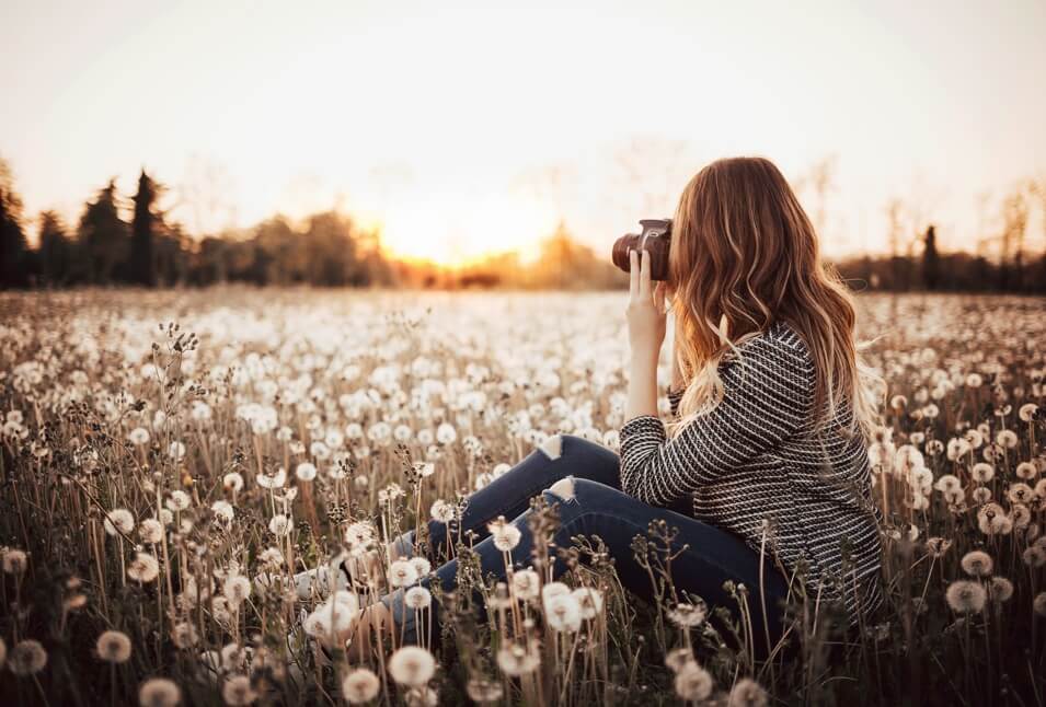A caucasian woman sitting in a field of dandelions taking a picture of the sunset in the distance.